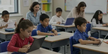 Students and teachers collaborating in a modern classroom