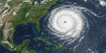 Satellite view of hurricane with data overlay demonstrating enhanced NOAA forecast accuracy for 2025 disaster preparedness.
