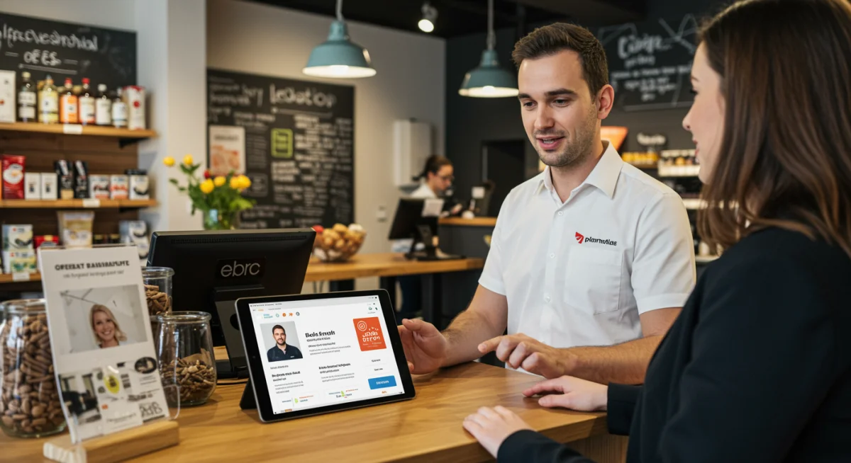 Local business owner providing personalized service with digital tools.