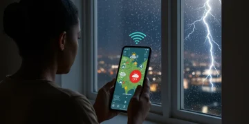Person viewing personalized weather alert on smartphone during a storm