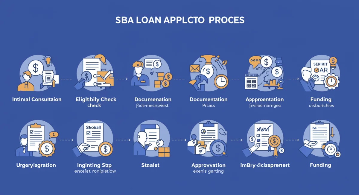 Infographic showing steps for SBA loan application and approval process.