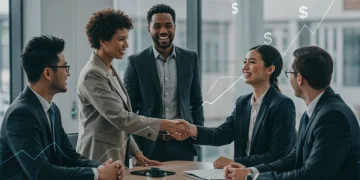 Small business owners shaking hands with an SBA representative, symbolizing new loan opportunities.
