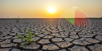 Severe drought landscape with cracked earth and wilting plant under a hazy sun, overlaid with a digital drought alert map.