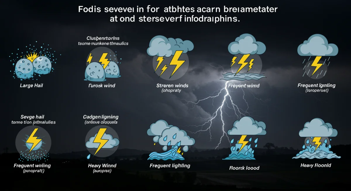 Infographic showing severe thunderstorm indicators like hail, wind, lightning, and flooding