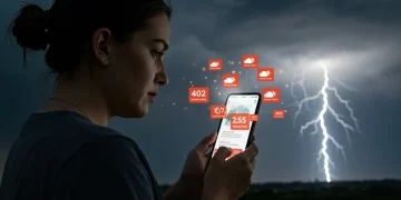 Person viewing multiple severe weather alerts on a smartphone, looking fatigued yet focused