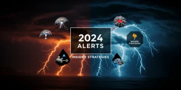 Illustration of severe weather events with digital alerts, emphasizing proactive protection and response strategies for 2024.