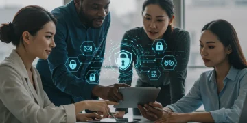 Small business owners collaborating on cybersecurity strategy