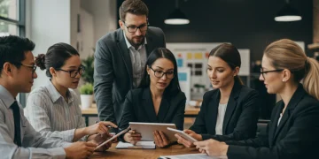 Small business owners reviewing insurance policies with an agent for 2025 updates