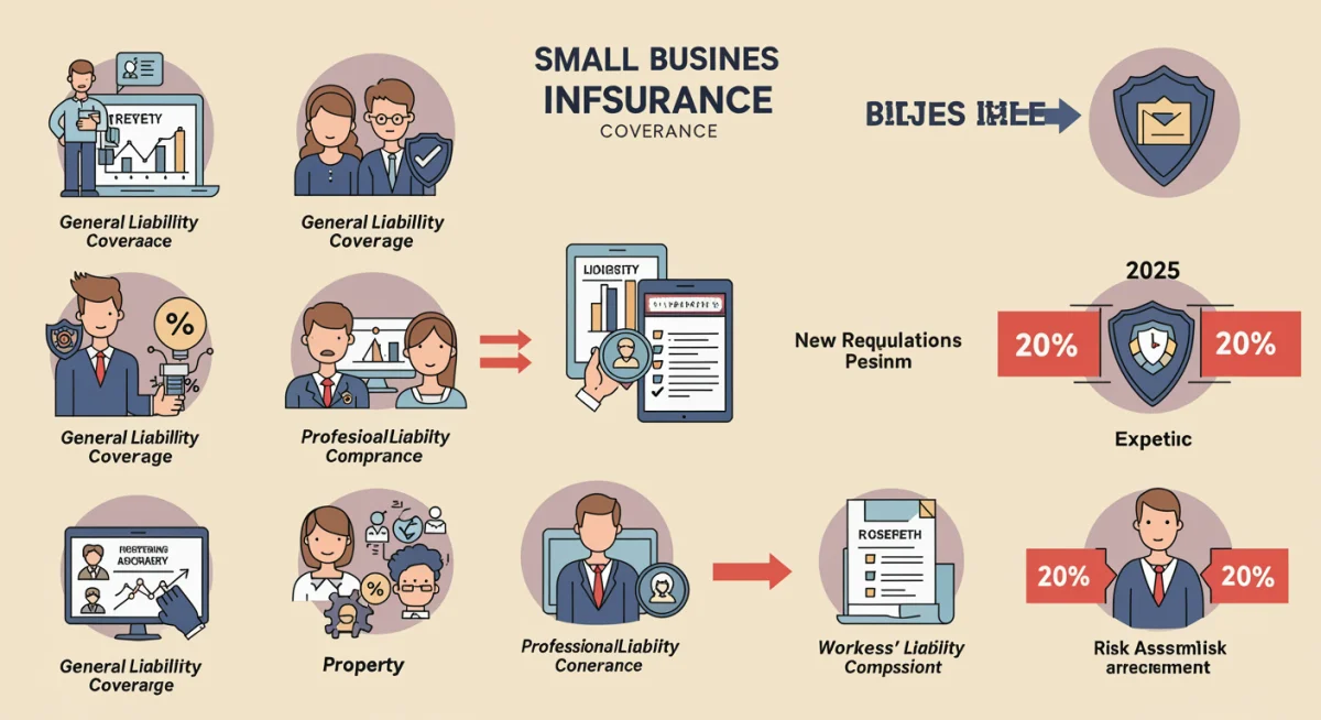 Infographic detailing types of small business insurance and savings potential for 2025