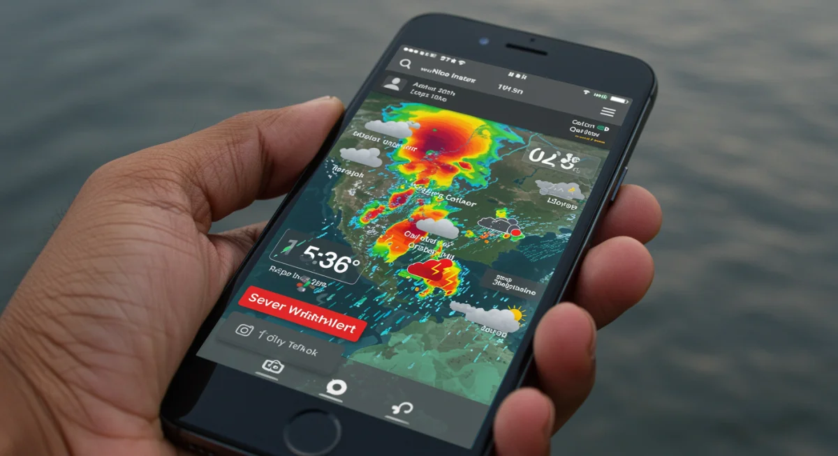 Smartphone displaying a sophisticated weather alert application with real-time data