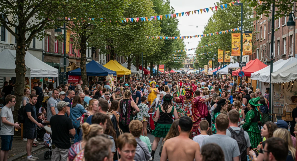 Diverse crowd enjoying street festival with live music and food