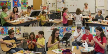 Students engaged in various arts activities in a modern classroom setting