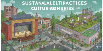 Sustainable arts practices in action, showing solar-powered theater and recycled art