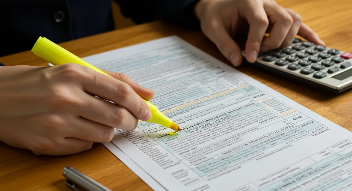 Hand highlighting tax deductions and credits on a tax form for small businesses