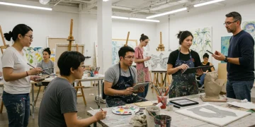 Diverse US artists collaborating in a modern studio during an artist residency, painting, sculpting, and discussing ideas.
