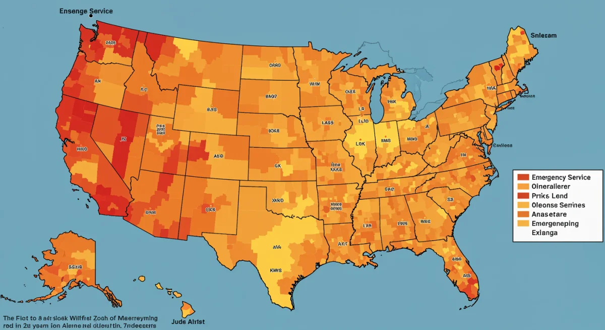Wildfire risk map with color-coded alert zones across the United States