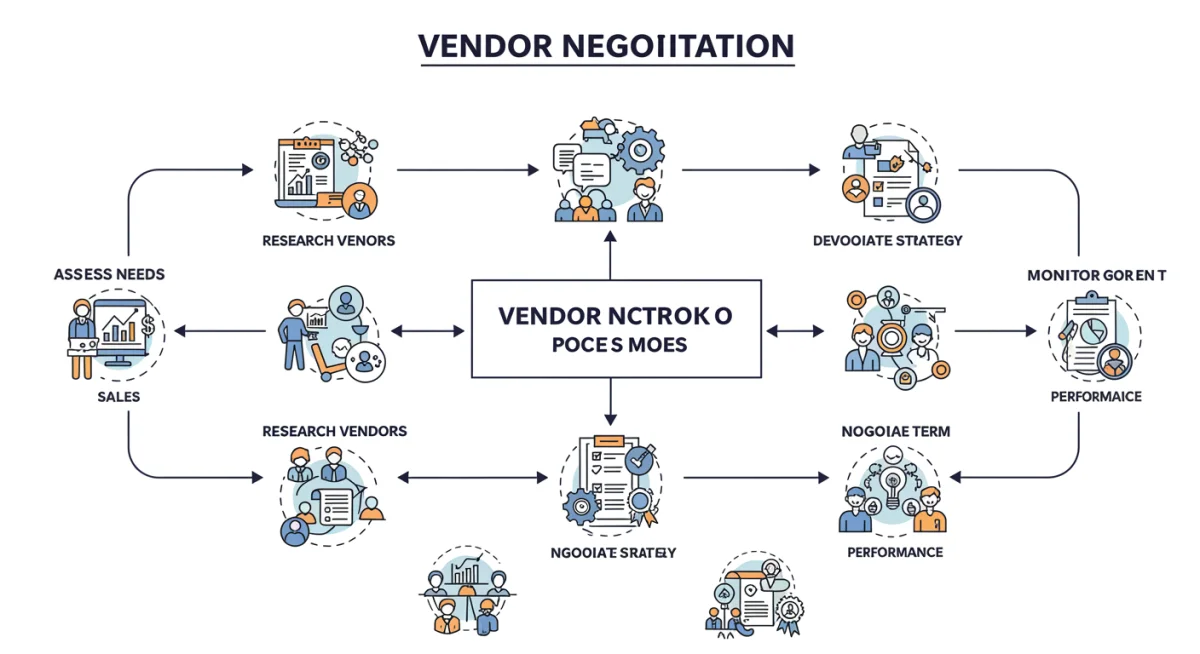 Infographic showing the strategic vendor negotiation process steps.