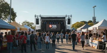 Community event with people engaging, local business branding visible, representing successful local event marketing.