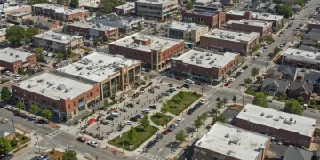 Vibrant downtown city with new businesses, economic growth