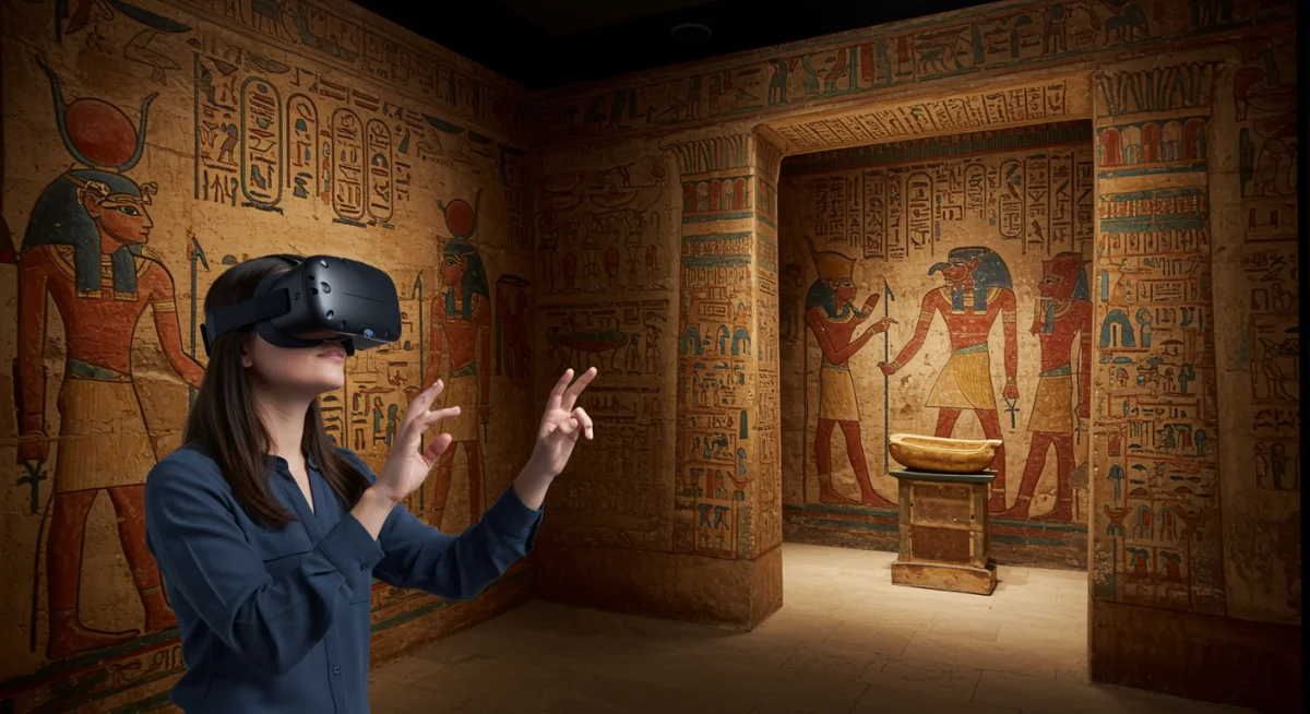 Museum visitor using VR headset to explore ancient Egyptian tomb