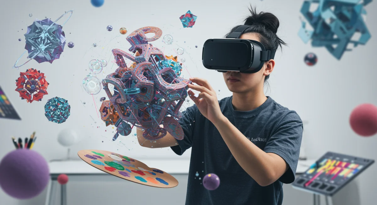 Artist creating 3D digital sculpture in virtual reality studio