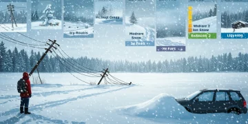 Snow-covered landscape with varying storm severity elements, winter storm index