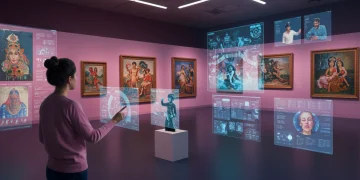 Futuristic digital art gallery interface showcasing diverse artworks and artist interaction in 2026.