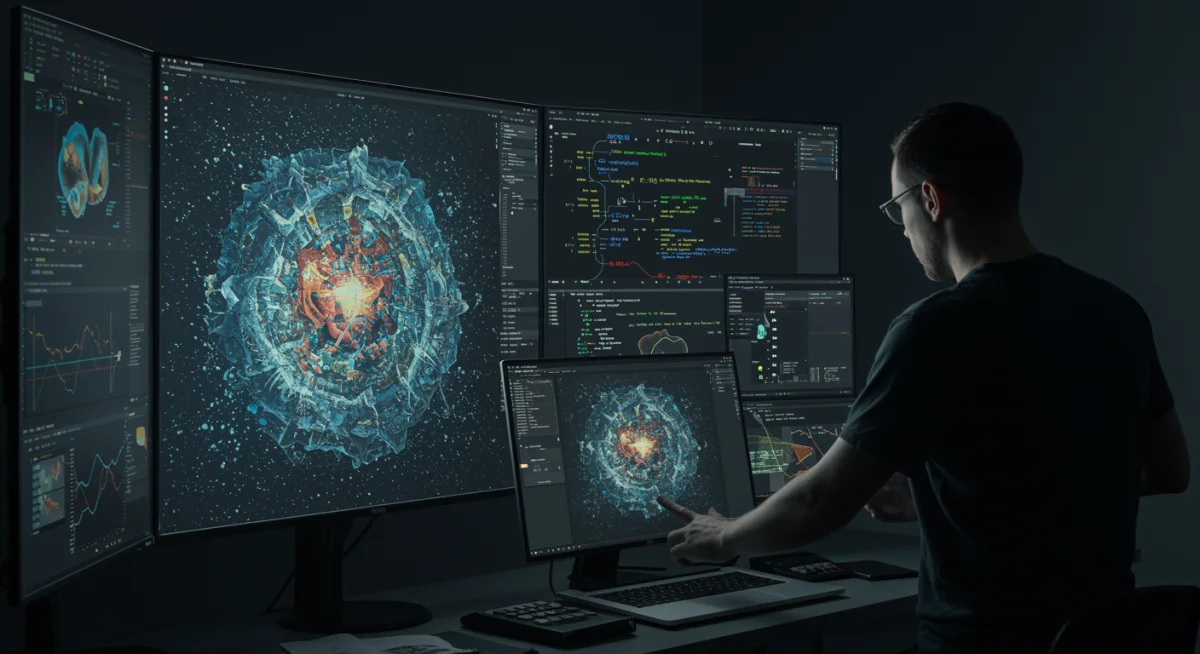 Digital artist using AI art generation software to create complex, surreal digital artwork.