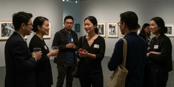 Curator Insights: 4 Tips for Artists to Secure Museum Exhibitions by 2027 Emerging artists engaging with museum curators at a gallery event, discussing art and potential exhibitions.