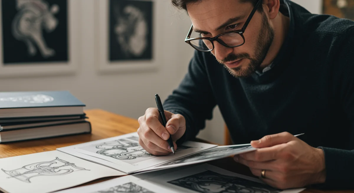 Museum curator carefully evaluating an artist's portfolio for exhibition potential.
