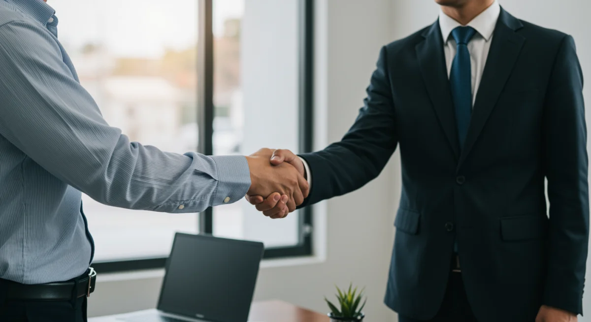 Local business owner welcoming new employee, emphasizing successful onboarding