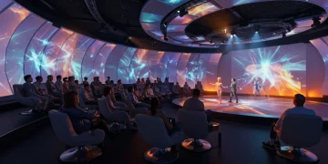Futuristic immersive theater with dynamic lighting and holographic projections