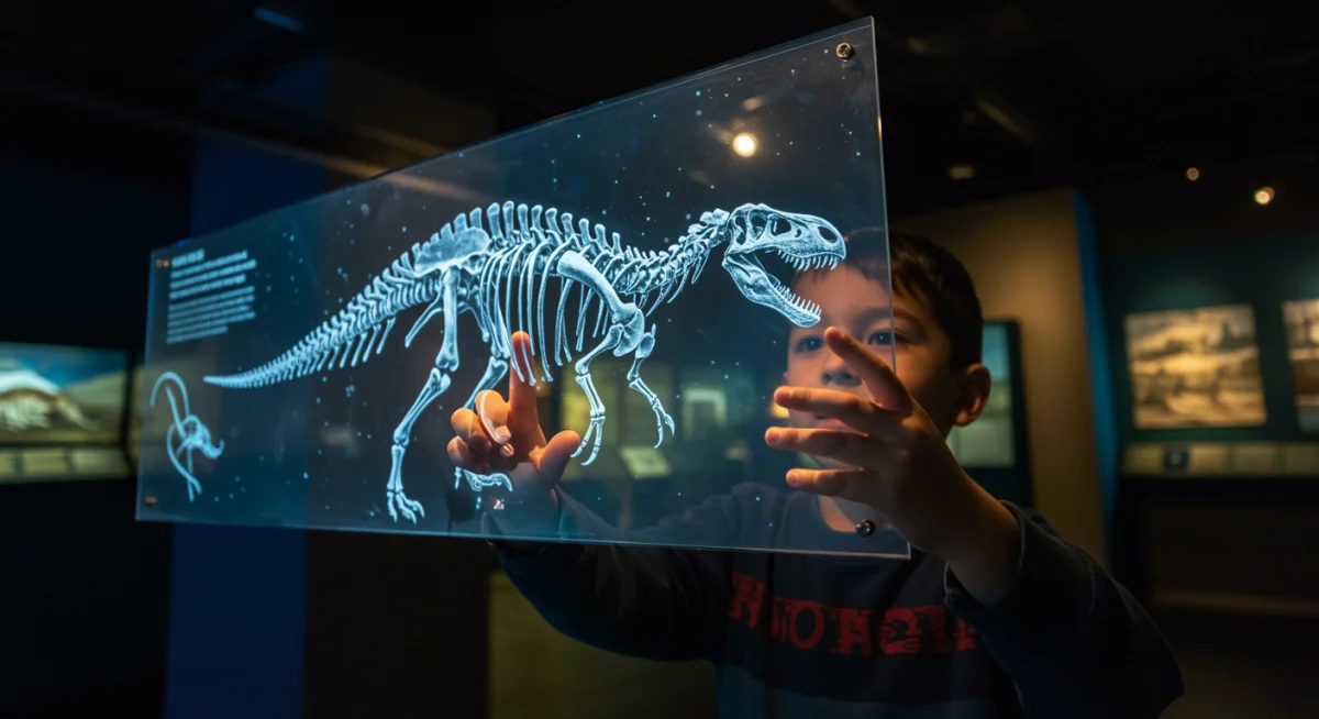 Child interacting with holographic dinosaur exhibit