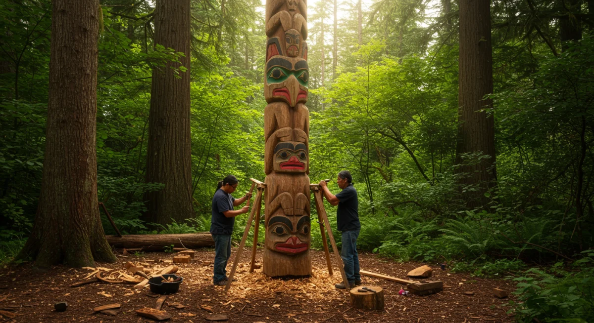 Indigenous American artists carving a traditional totem pole