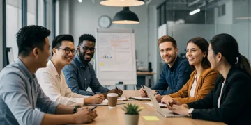 Diverse team collaborating in a modern office, representing effective local business staffing solutions