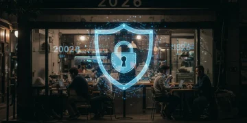 Digital shield protecting a local coffee shop's digital transactions from cyber threats, representing cybersecurity for small businesses in 2026.
