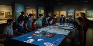 Visitors engaging with interactive digital display in a modern museum