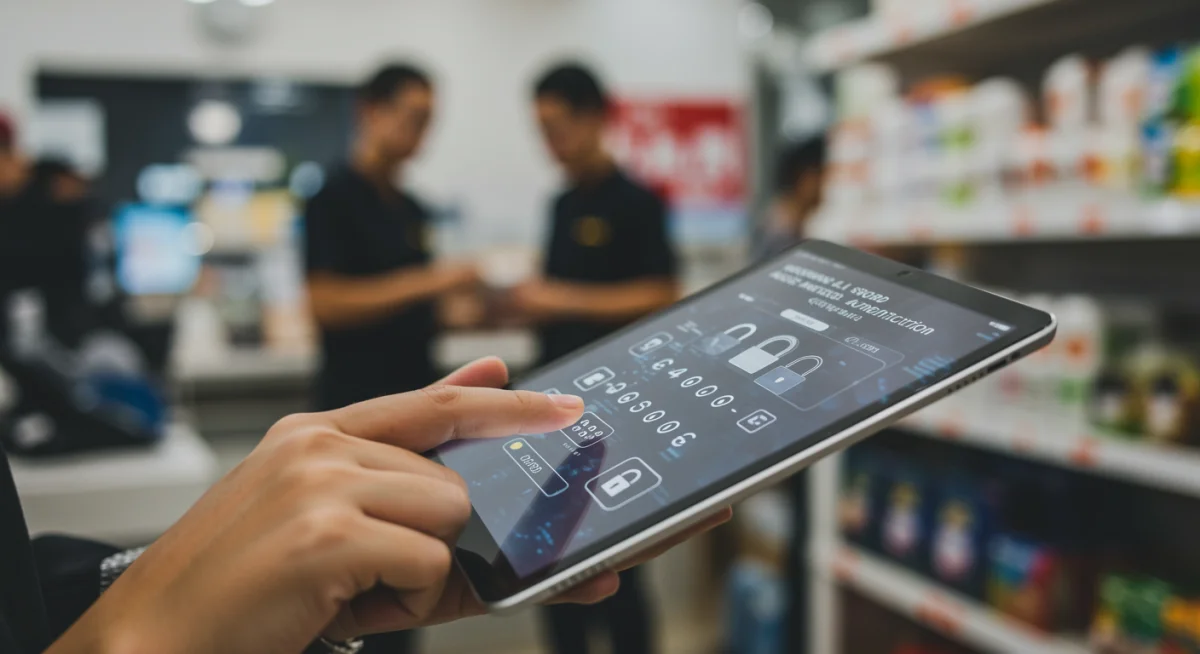 Employee securely logging into a system with a strong password and multi-factor authentication, highlighting robust access control in a local shop setting.