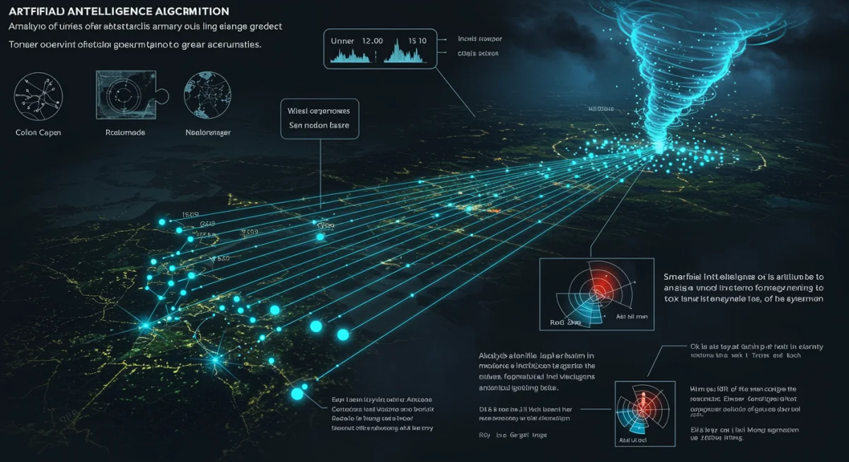 Infographic illustrating AI integration in tornado prediction, enhancing national warning systems.