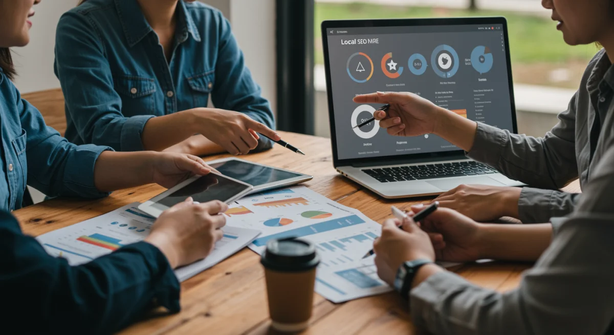 Small business owners collaborating on digital marketing and local SEO plans.