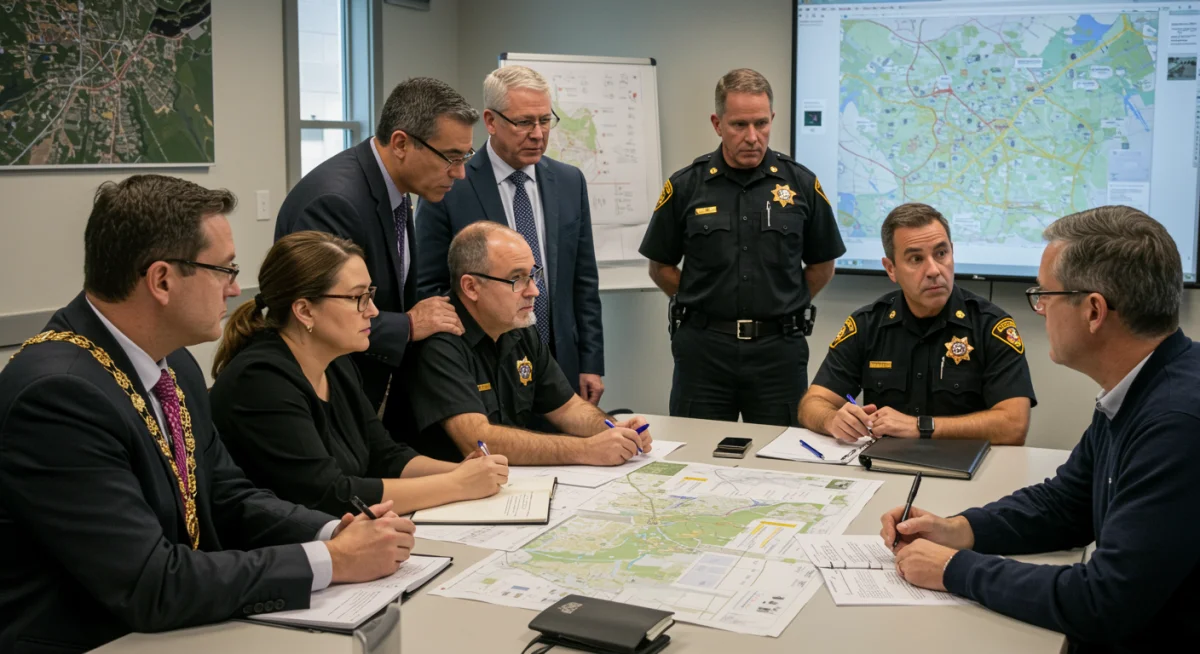 Community leaders collaborating on disaster response planning and resource allocation.