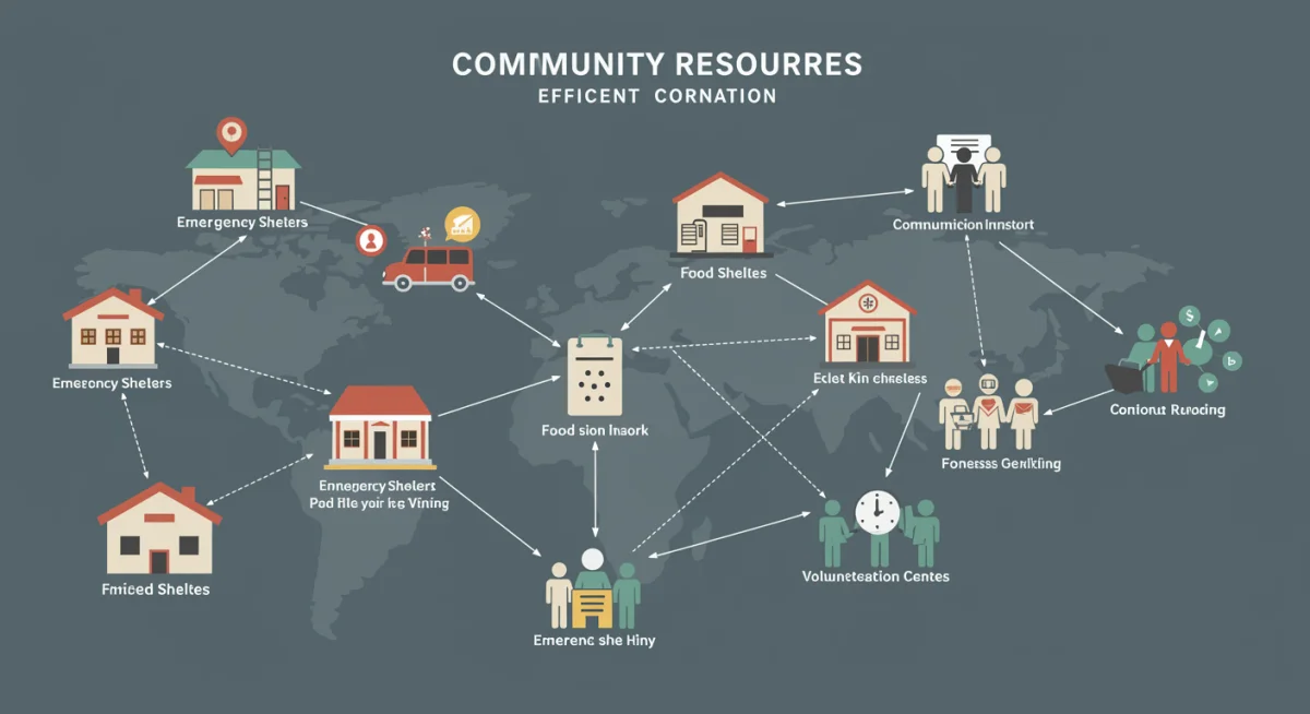 Interconnected network of community resources for disaster resilience and support.