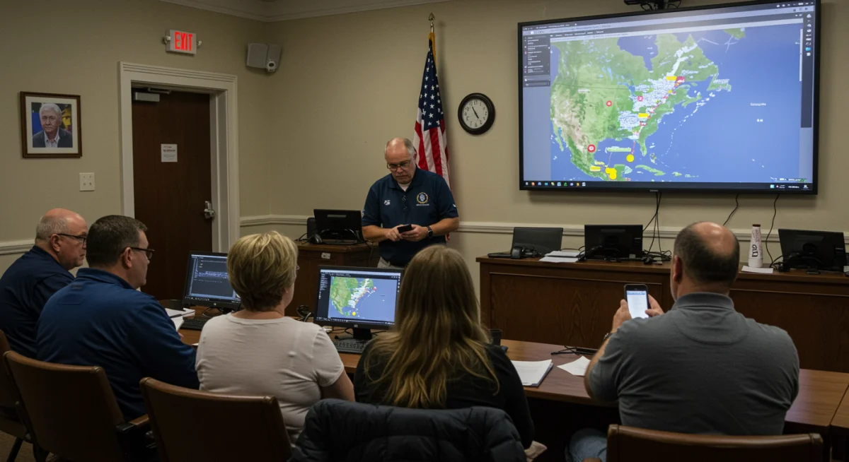 Community members receiving and discussing real-time tornado alerts on mobile devices.
