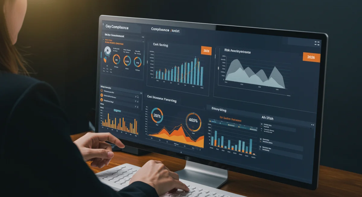 Digital tax compliance software interface showing cost savings and risk assessment for businesses