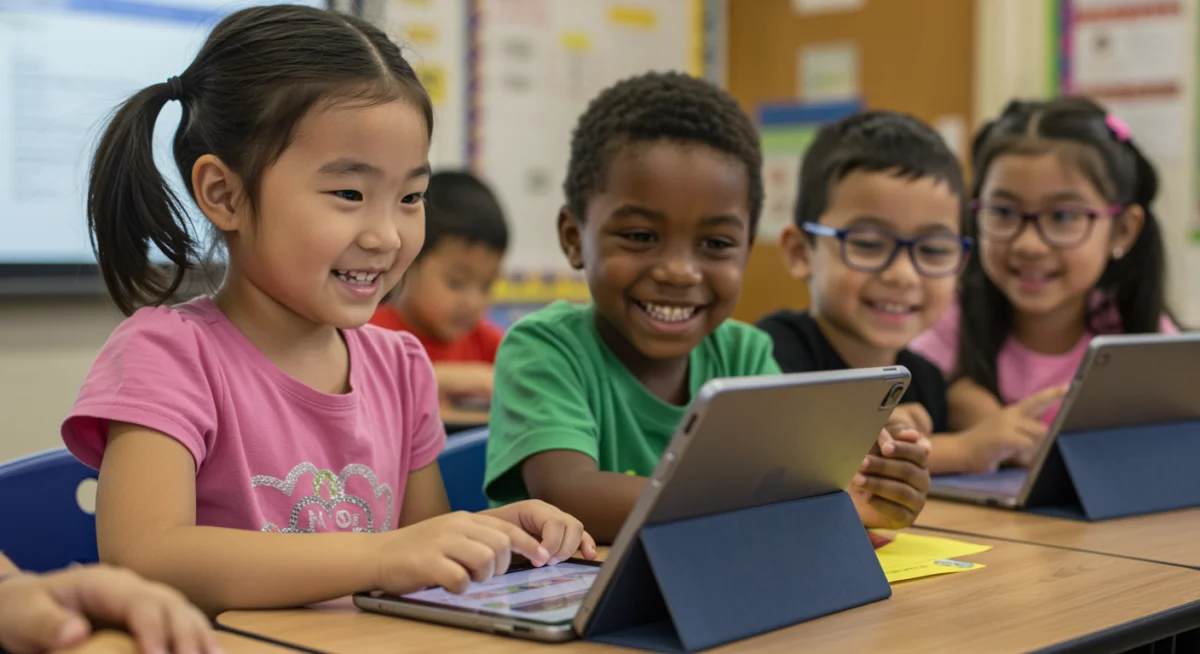 Diverse elementary students using technology in a classroom, supported by grant programs.
