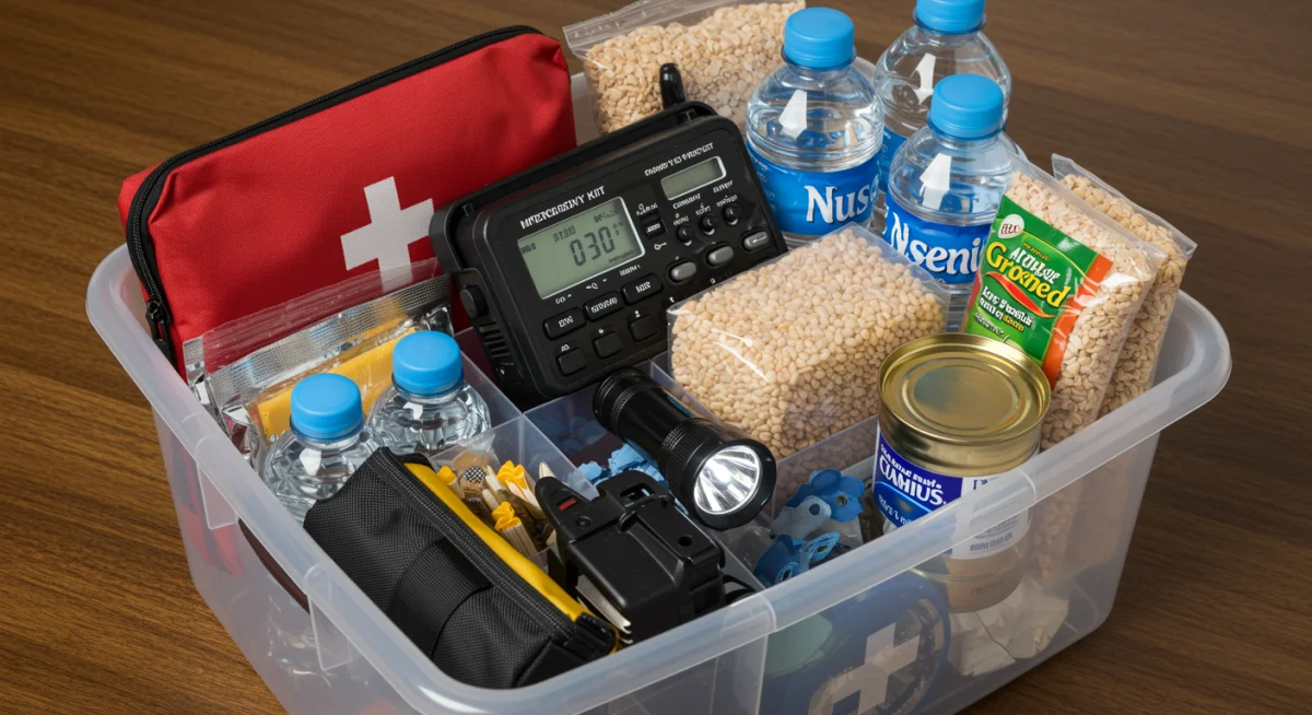 Well-stocked emergency kit with essential supplies for winter storm survival.