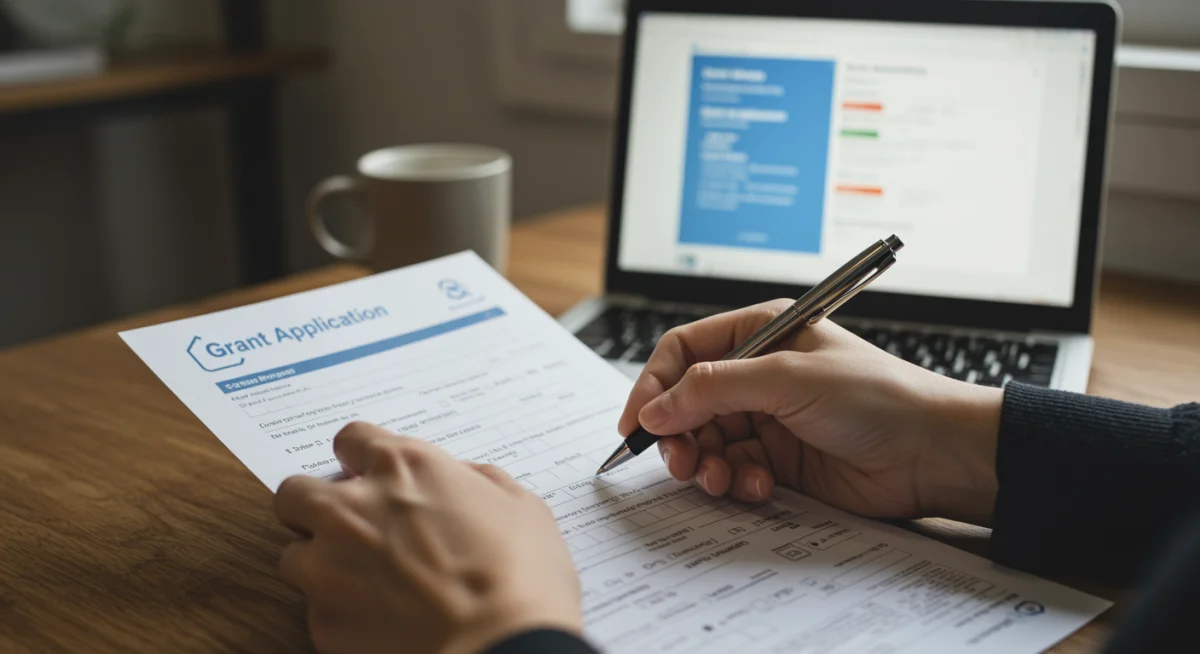 Close-up of hands diligently filling out a grant application form