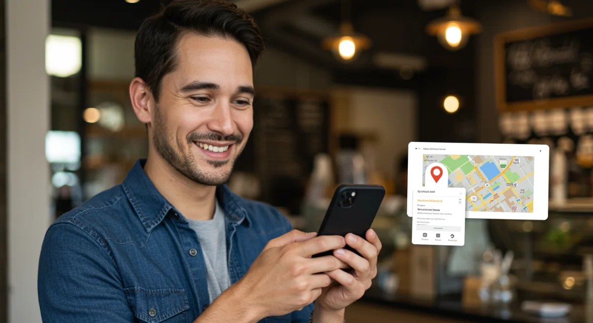 Small business owner checking positive online reviews and local search rankings.