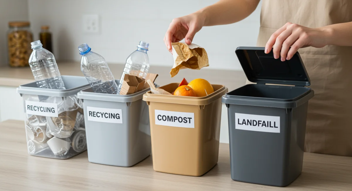 Separated waste materials in labeled bins for recycling, composting, and landfill.